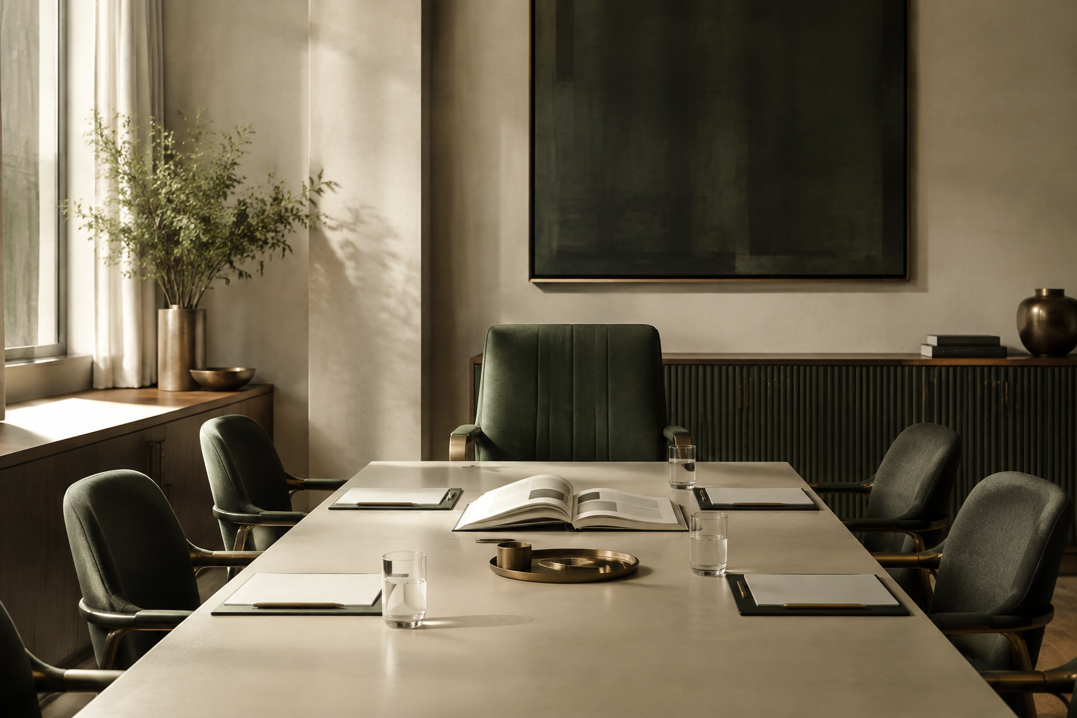 A meeting table with a decision brief and arranged chairs, symbolising the difference between formal authority and responsible leadership.