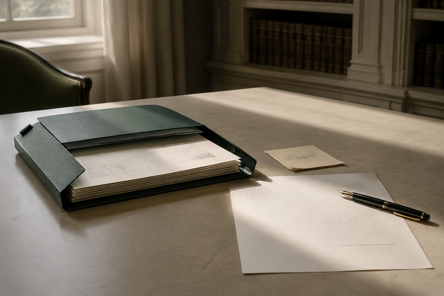 An evidence file, risk note and unsigned decision paper symbolising evidence-based and courageous leadership.