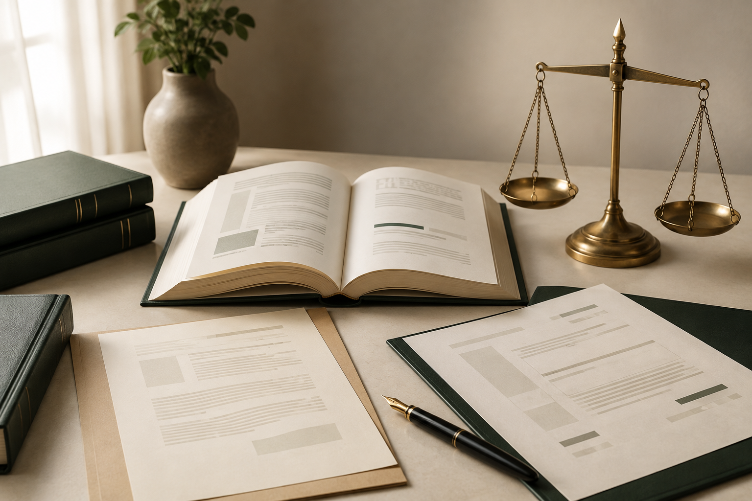 An open policy book, accommodation request, exception form and balanced scale symbolising rules, fairness and lawful review.
