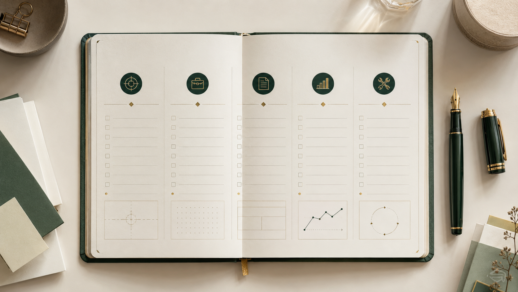 An action register and review notes representing the five-part accountability system.