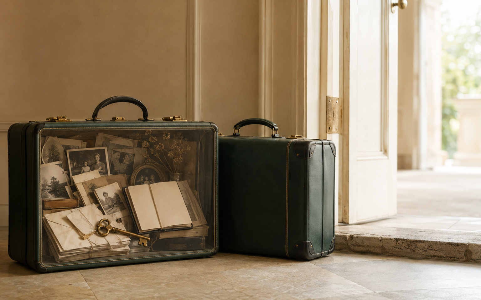 Two suitcases containing symbolic family memories and habits, representing emotional baggage brought into marriage.